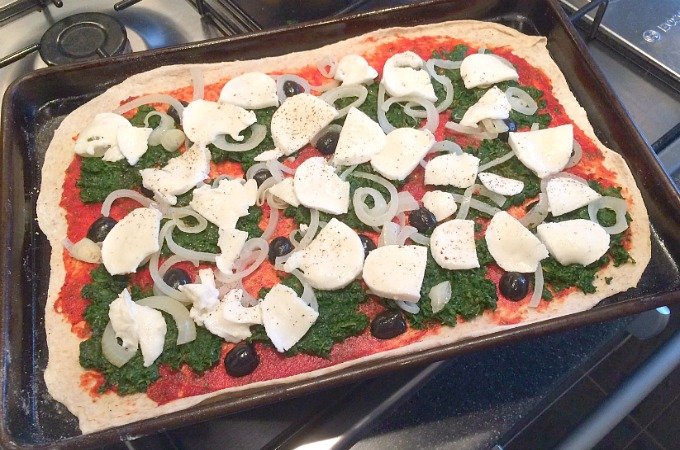 Empty the Freezer Challenge week 3 spinach onion pizza