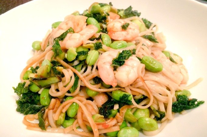 Empty the Freezer Challenge Week 4 Prawn noodles with edamame beans kale and chilli